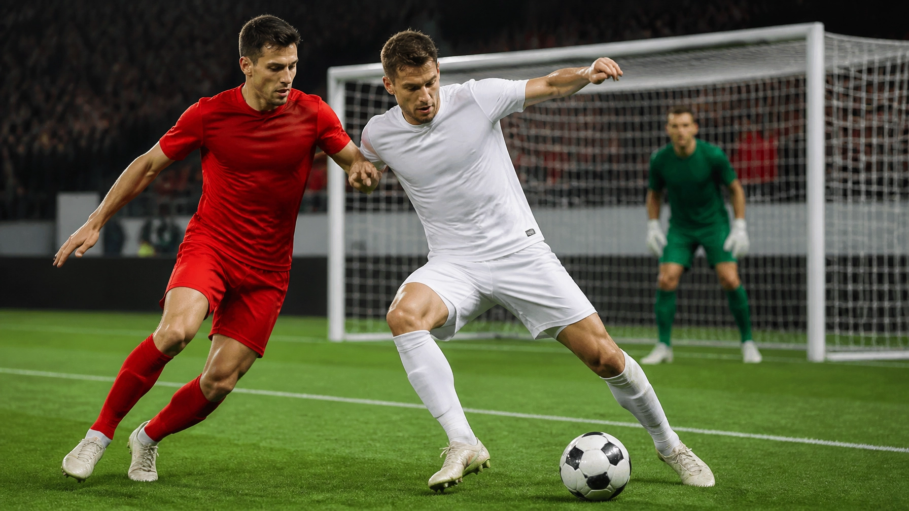 Fußballer im Zweikampf im Strafraum unter Flutlicht bei einer neutralen Bundesliga-Partie