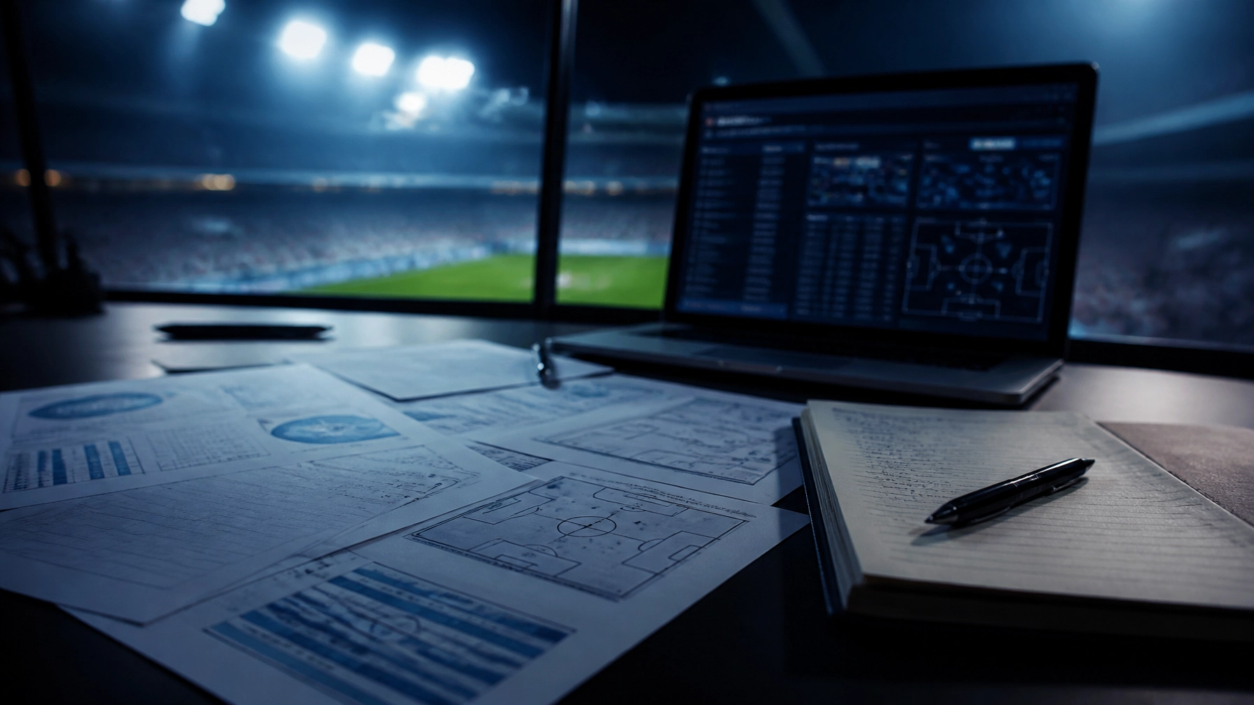 Analysten-Schreibtisch mit neutralen Fußballstatistiken und Stadionlicht im Hintergrund