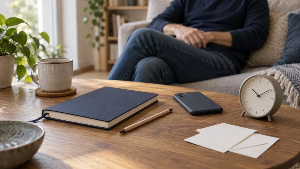 Illustration einer bewussten Pause mit umgedrehtem Smartphone, Notizbuch und Uhr