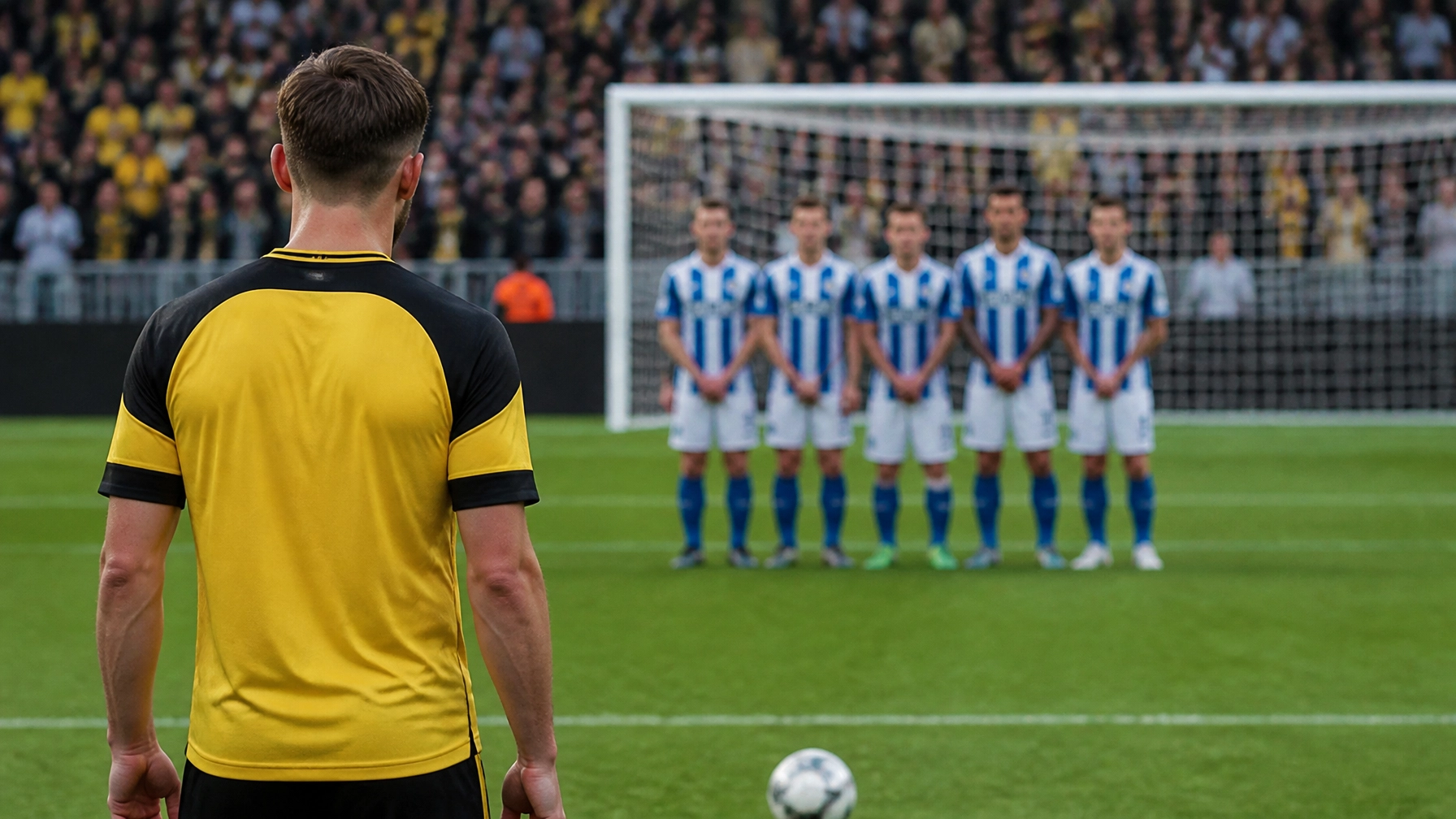 Schwarz-gelber Angreifer gegen eine blau-weiße Defensive in realistischer Stadionatmosphäre