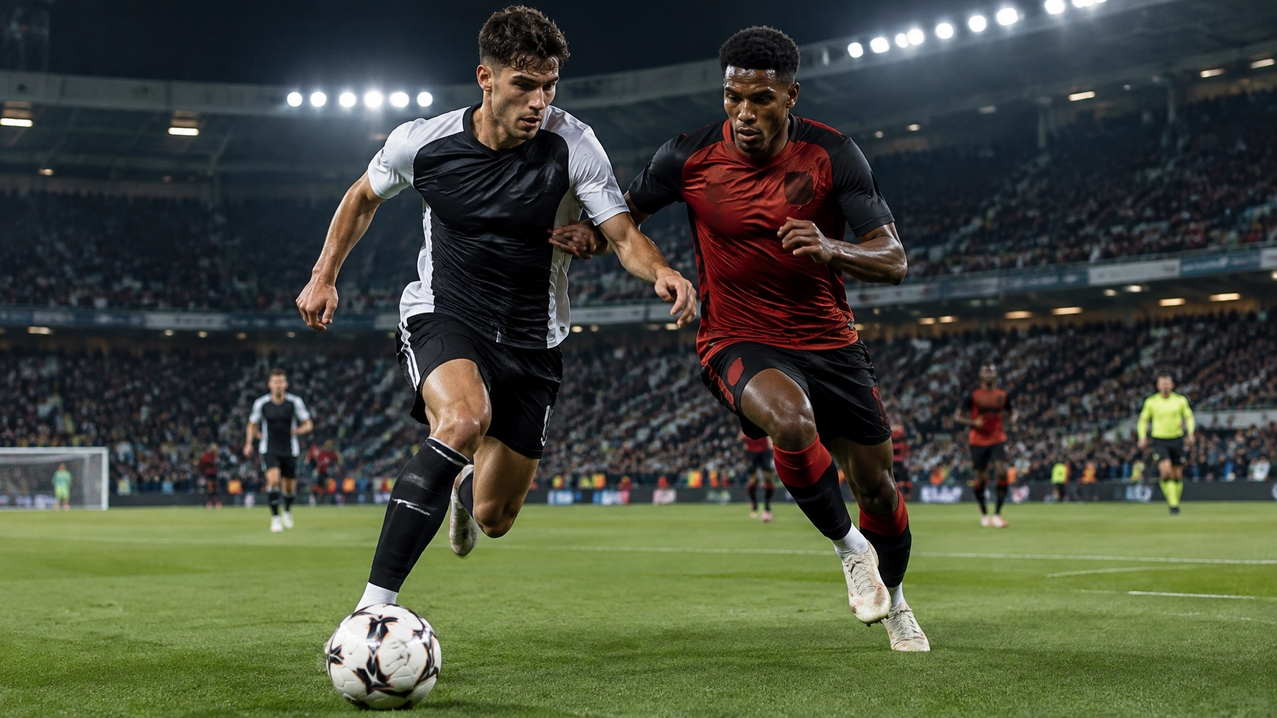 Fußballspiel unter Flutlicht mit neutralen schwarz-weißen und rot-schwarzen Trikots im Zweikampf