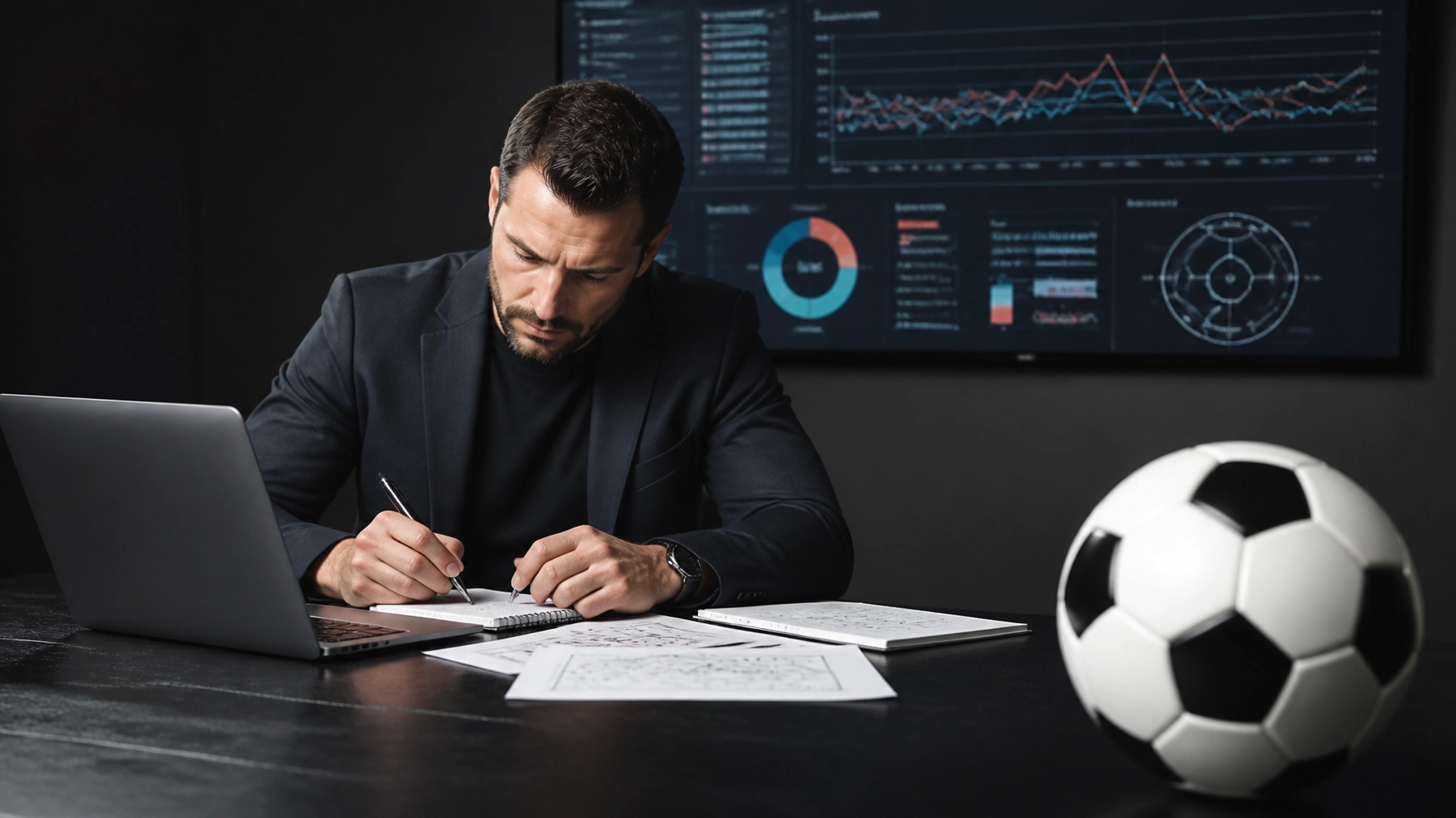 Analysearbeitsplatz mit neutralen Fußball-Statistiken vor dem Spiel