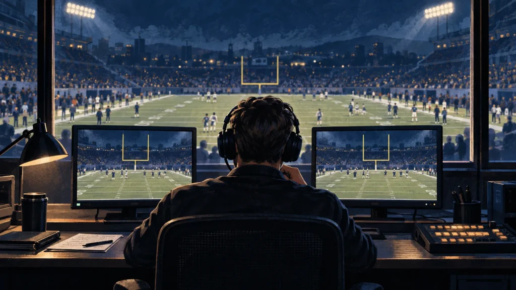 Illustration: Ein Techniker vergleicht zwei gleiche Kameraperspektiven in der Regie eines Footballstadions.