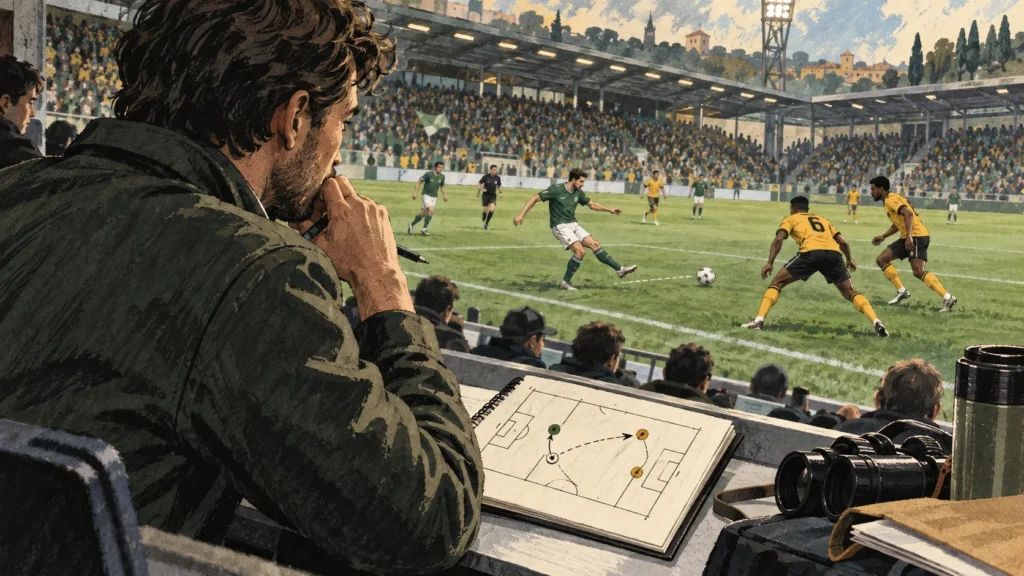Illustration: Ein Analyst beobachtet einen Spielzug und hält Positionen in einem Notizbuch fest.