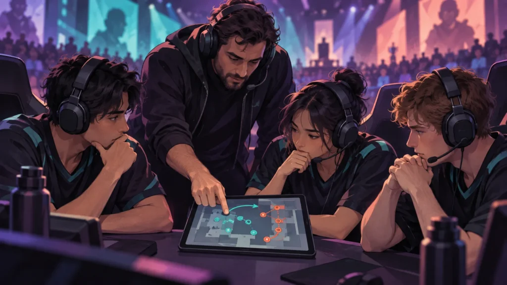 Illustration: Ein E-Sports-Coach bespricht mit drei Teammitgliedern eine Situation auf einer digitalen Karte.