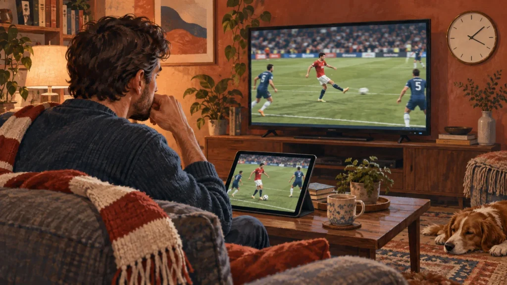 Illustration: Ein Zuschauer vergleicht unterschiedliche Momente einer Fußballszene auf Fernseher und Tablet.