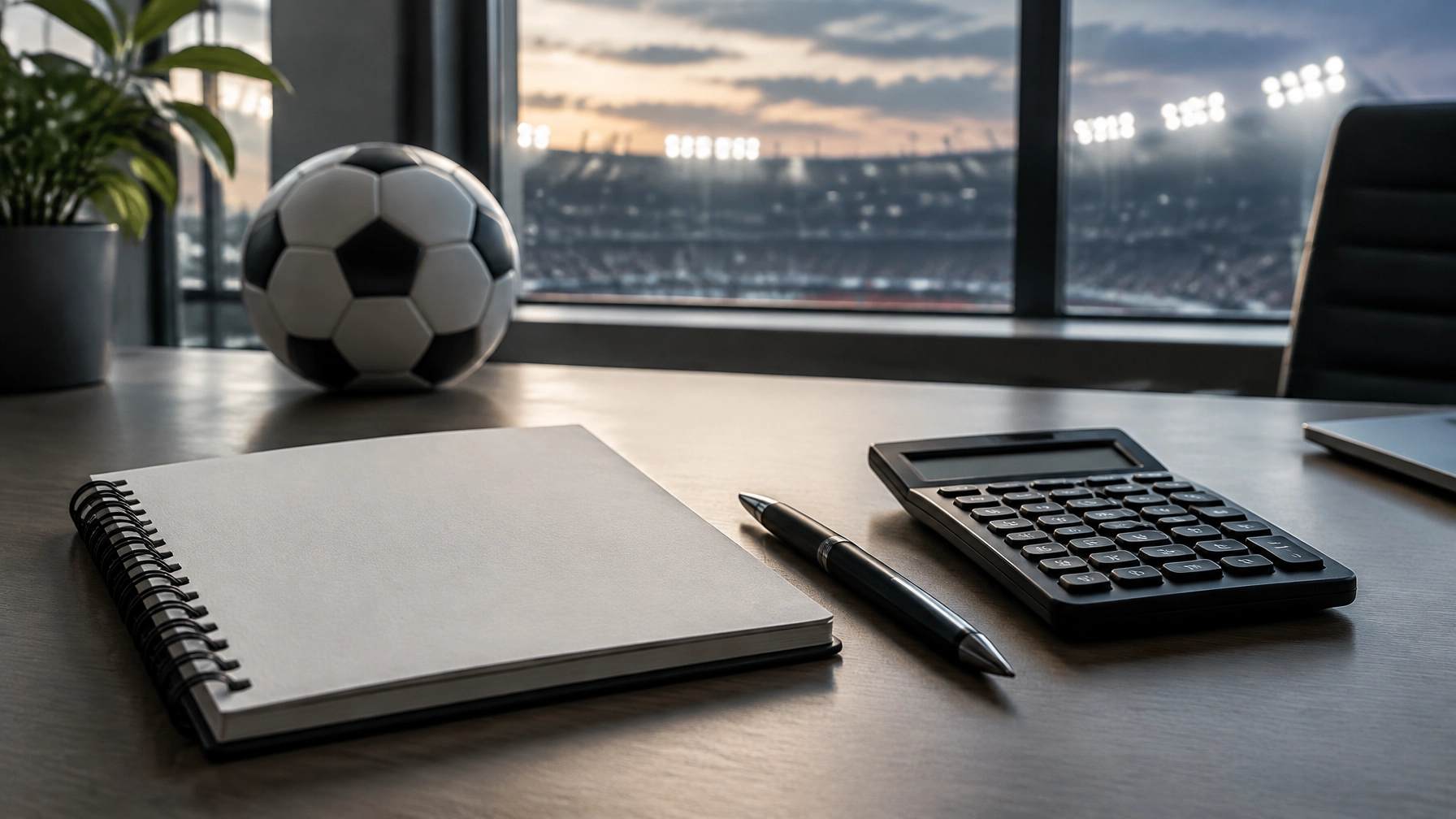 Neutrales Stillleben mit Fußball, Notizbuch und Analyseutensilien in professioneller Arbeitsatmosphäre