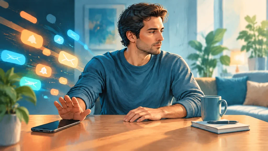Illustration: Ein erwachsener Mann hält inne und legt sein Smartphone beiseite.