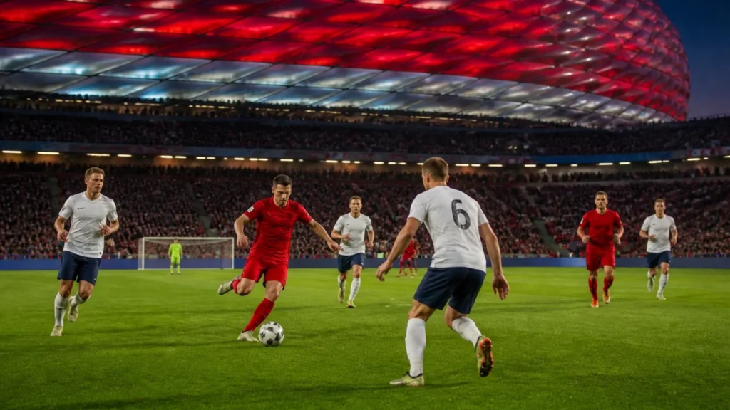 Fußballspieler in roten und weißen Trikots bei einem Spiel unter Flutlicht