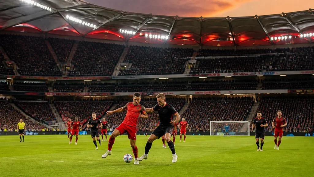 Fußballspieler verfolgen den Ball vor gefüllten Tribünen