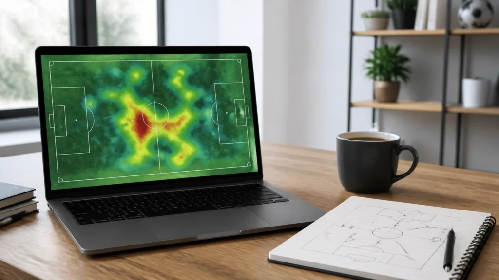 Laptop mit einer schematischen Fußball-Heatmap neben einem Notizbuch