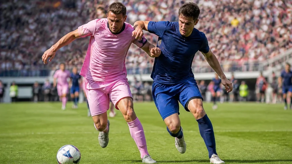 Zwei Fußballspieler in rosa und blau kämpfen um den Ball