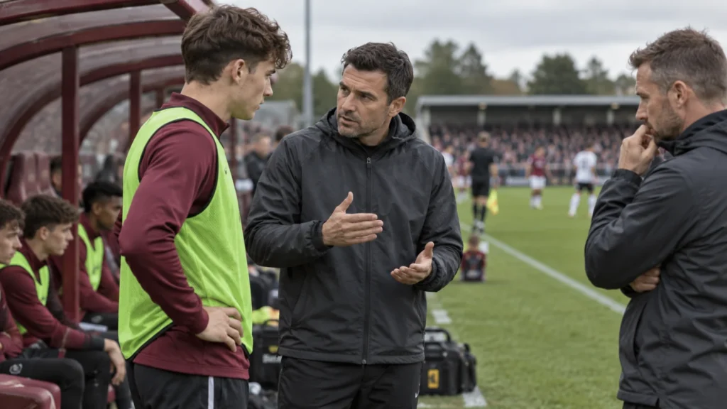 Fußballtrainer bespricht sich mit einem Ersatzspieler neben der Mannschaftsbank