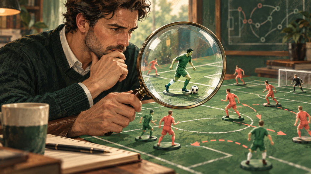 Illustration: Ein Mann betrachtet durch eine Lupe eine einzelne Spielfigur auf einem Fußball-Taktikbrett.