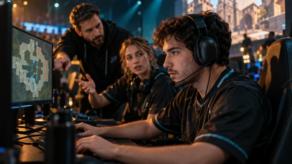 E-Sport-Spieler bespricht mit seinem Team eine taktische Karte auf dem Bildschirm