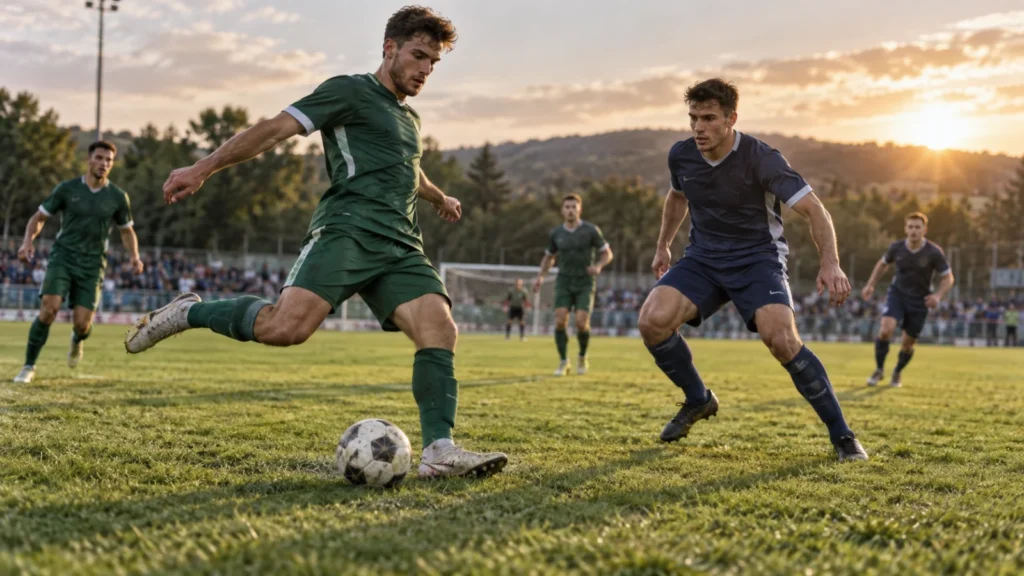 Fußballspieler im grünen Trikot spielt den Ball, während sich ein Gegenspieler nähert