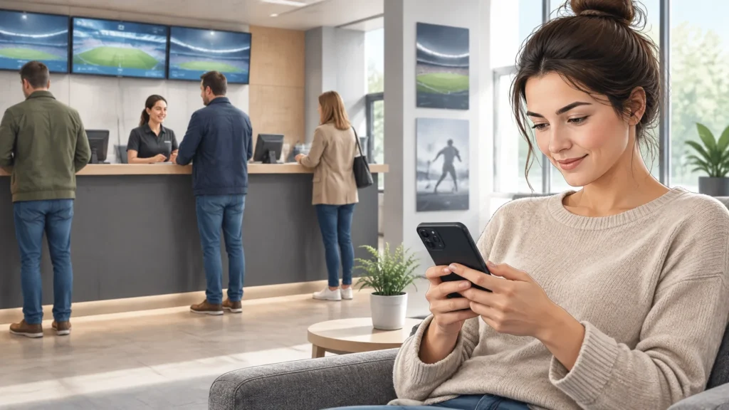 Illustration zu stationären und Online-Sportwetten: Erwachsene an einem Schalter und eine Frau mit Smartphone.