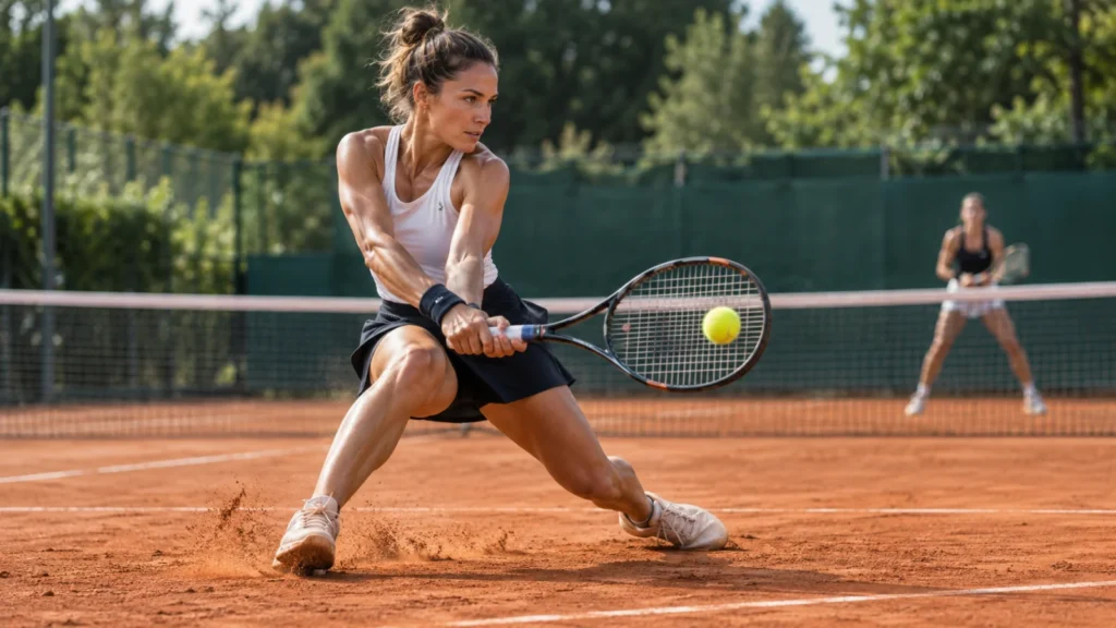 Tennisspielerin rutscht beim Rückhandschlag über einen Sandplatz