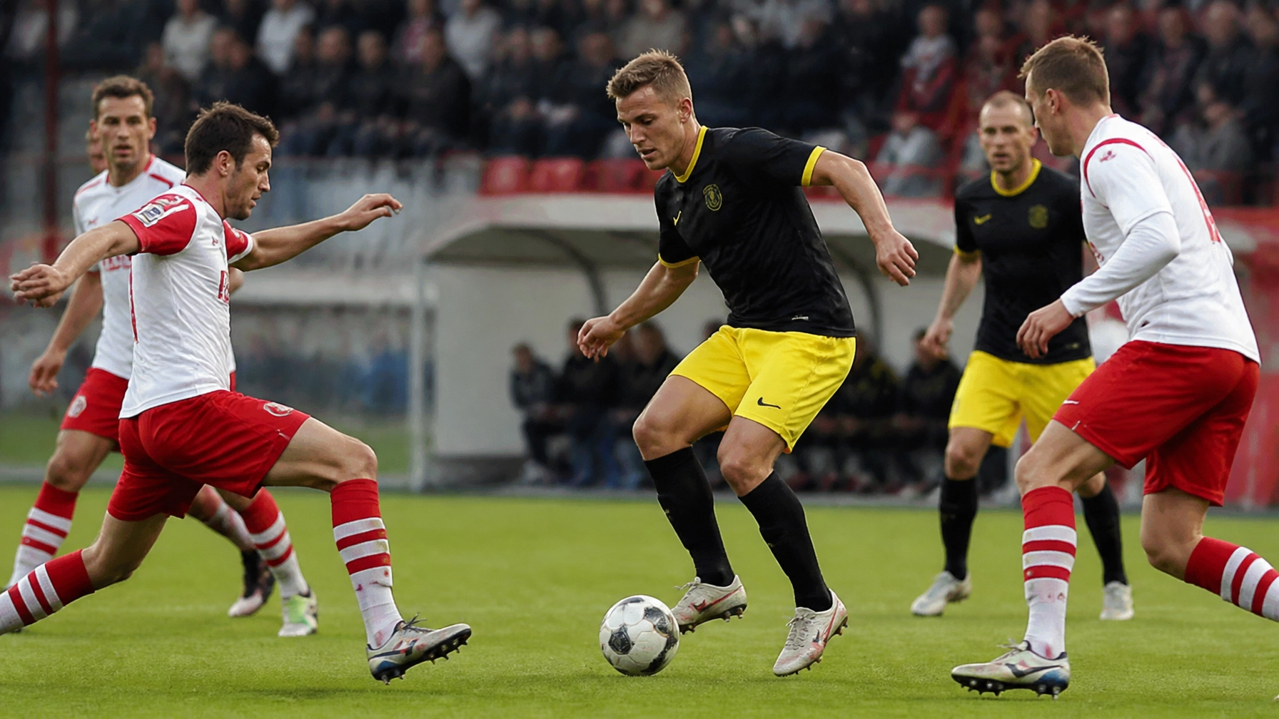 Fußballspieler in neutralen roten, weißen, schwarzen und gelben Trikots bei einer realistischen Pokalspielszene