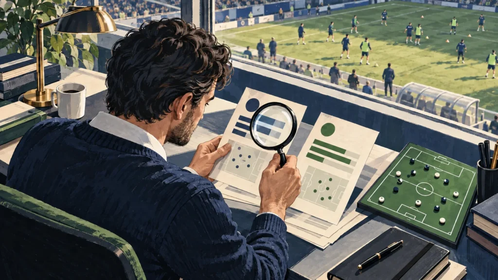 Illustration einer Analystin beim Vergleich von Datenkarten mit Lupe und Fußballstadion im Hintergrund