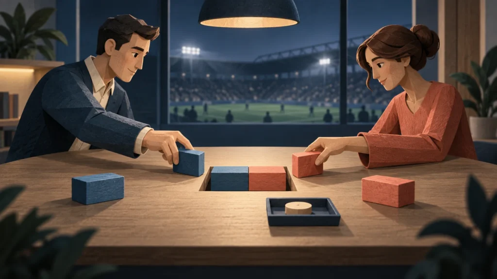 Illustration zusammenpassender Spielsteine zwischen zwei Personen und einer getrennten Ablage für Gebühren