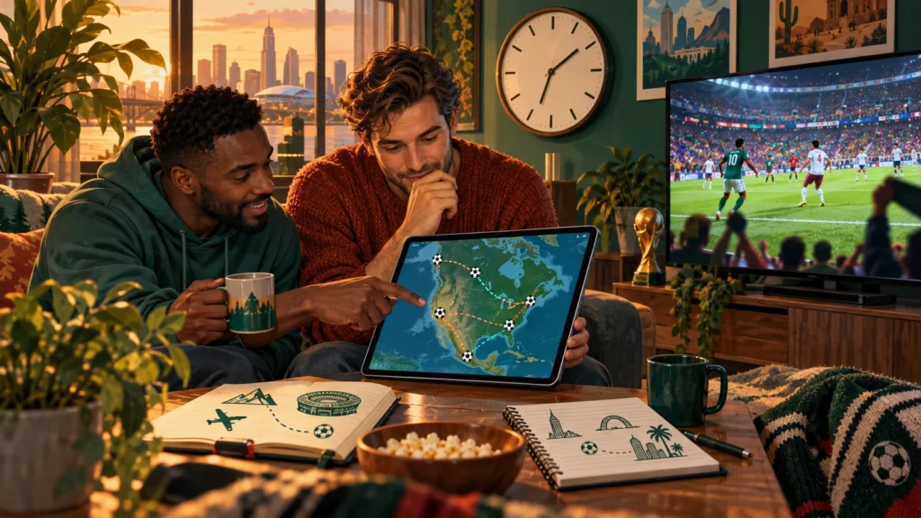 Illustration: Zwei Fußballfans vergleichen auf einem Tablet eine Nordamerika-Karte mit ihrem Reise- und Fernsehplan.