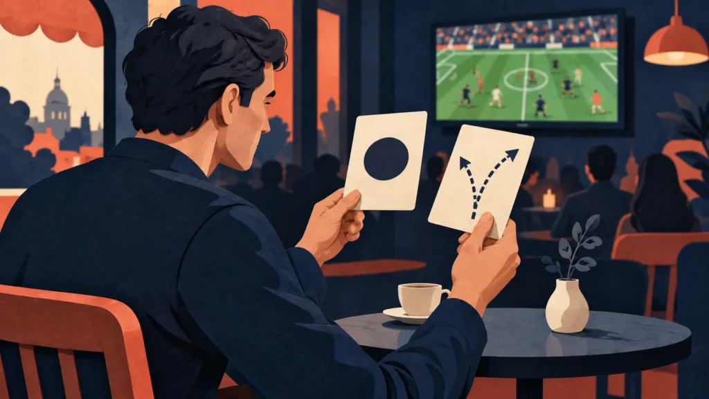 Mann vergleicht zwei Symbolkarten in einem Café mit Fußballübertragung.