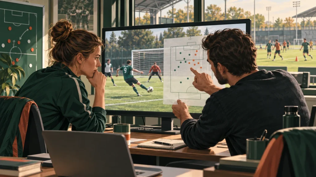 Eine Trainerin und ein Analyst vergleichen eine Schussskizze mit einer Fußballszene.