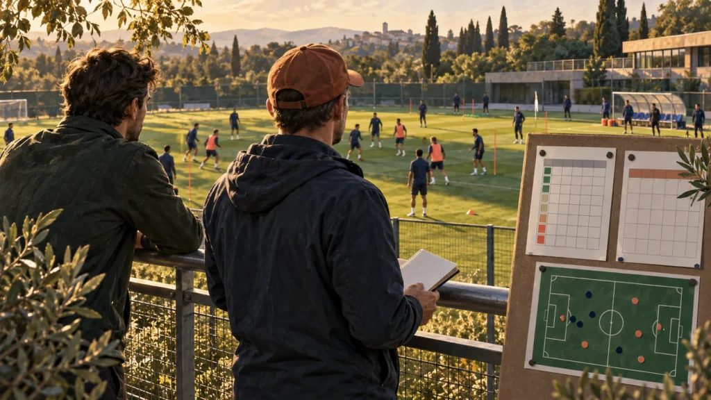 Zwei Beobachter vergleichen Notizen mit dem Geschehen auf einem Fußballtrainingsplatz