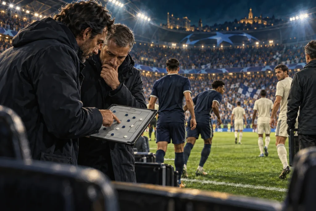 Trainer besprechen eine Taktiktafel am Spielfeldrand eines beleuchteten Fußballstadions