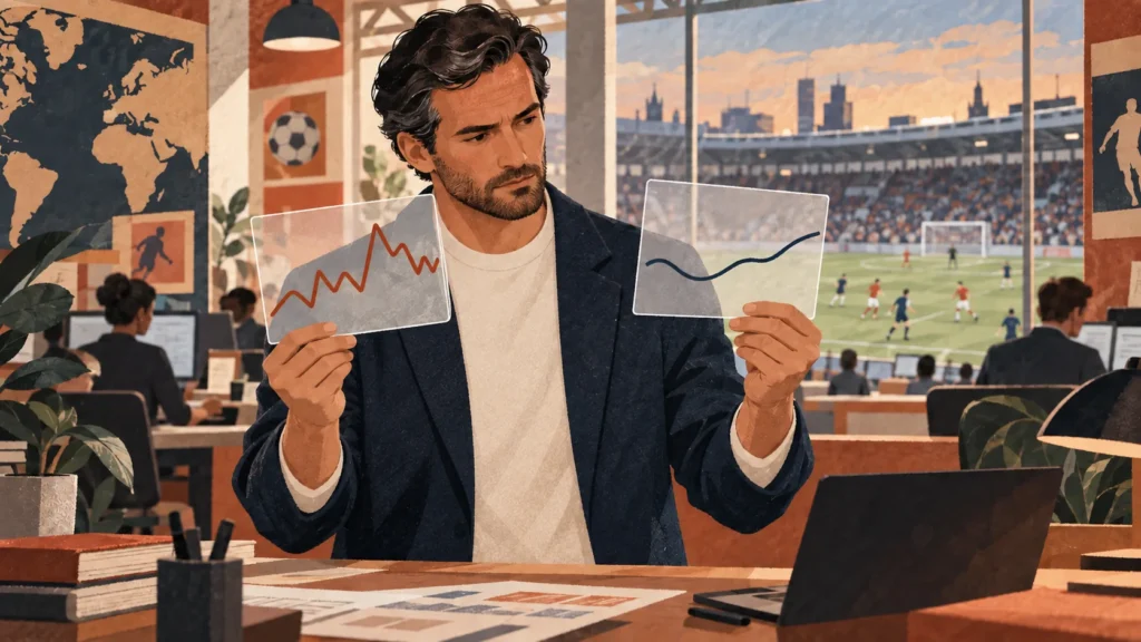 Analyst vergleicht zwei unterschiedliche Kursverläufe vor einem Fußballstadion