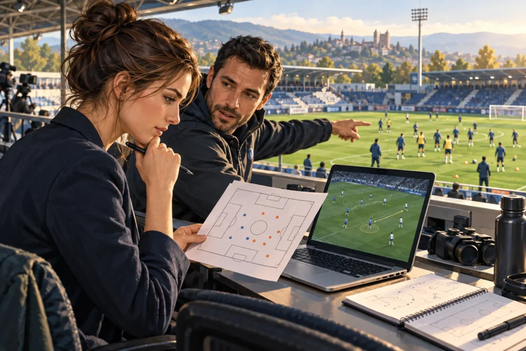 Eine Analystin vergleicht eine Taktikskizze mit einem Fußballvideo am Pressetisch