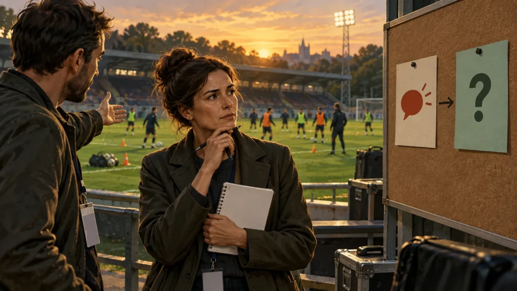 Sportjournalistin prüft eine Nachricht am Rand eines Fußballtrainings