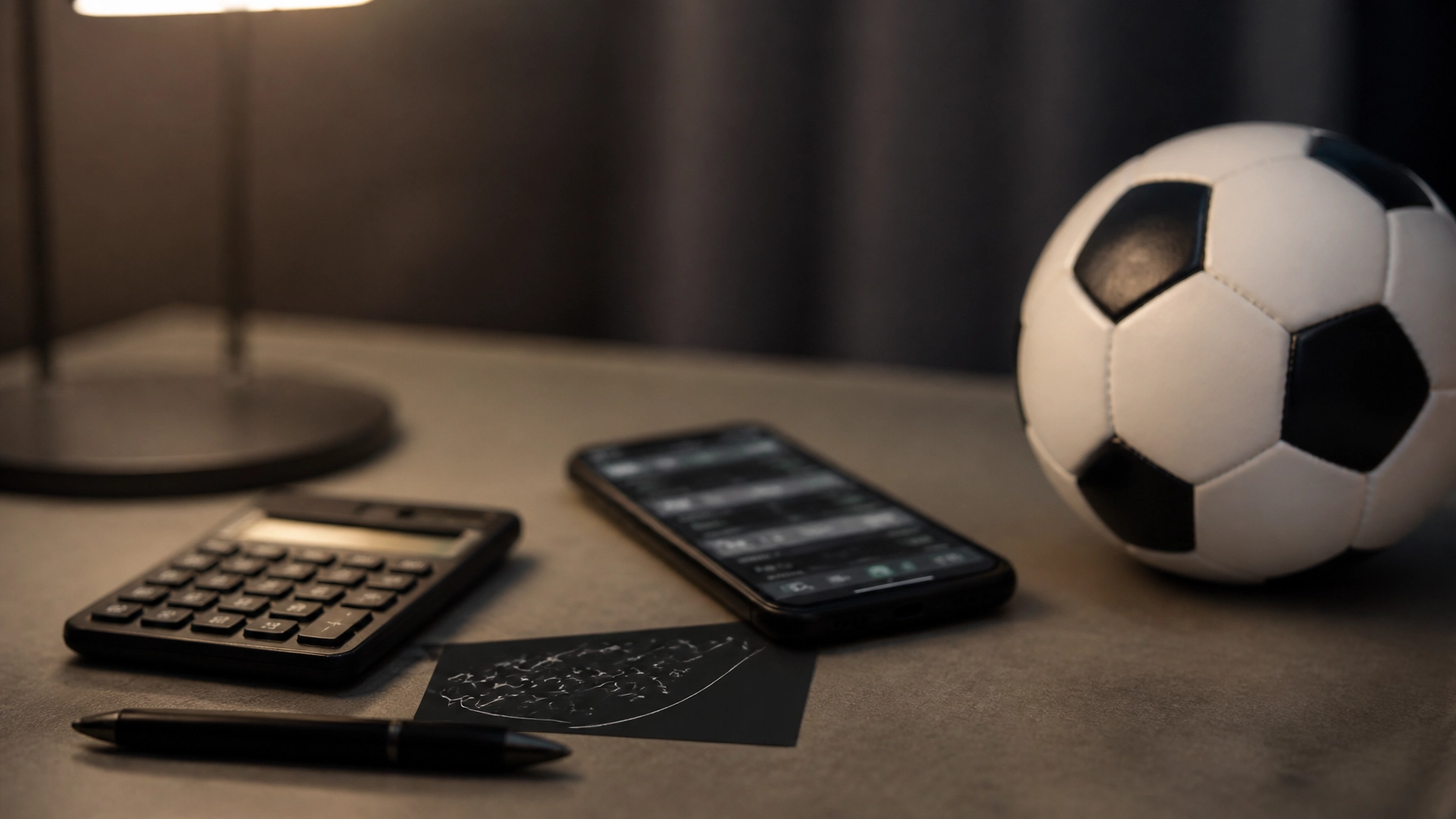 Fotorealistischer neutraler Schreibtisch mit Taschenrechner, Fußball und abstrakter Live-Analyse