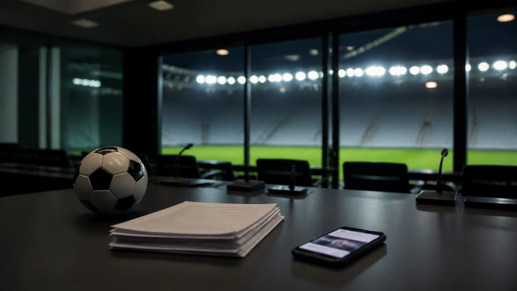 Leerer Presseraum mit Fußball und Transferunterlagen als Symbol für den geschlossenen Transfermarkt