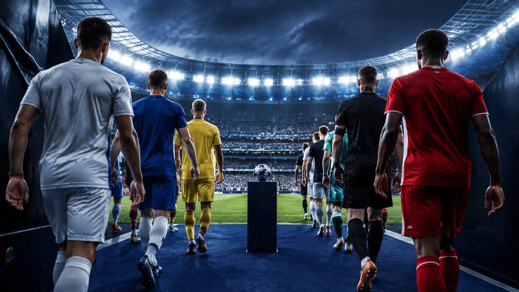 Europäische Fußballnacht in einem modernen Stadion als Symbol für die Champions-League-Ligaphase