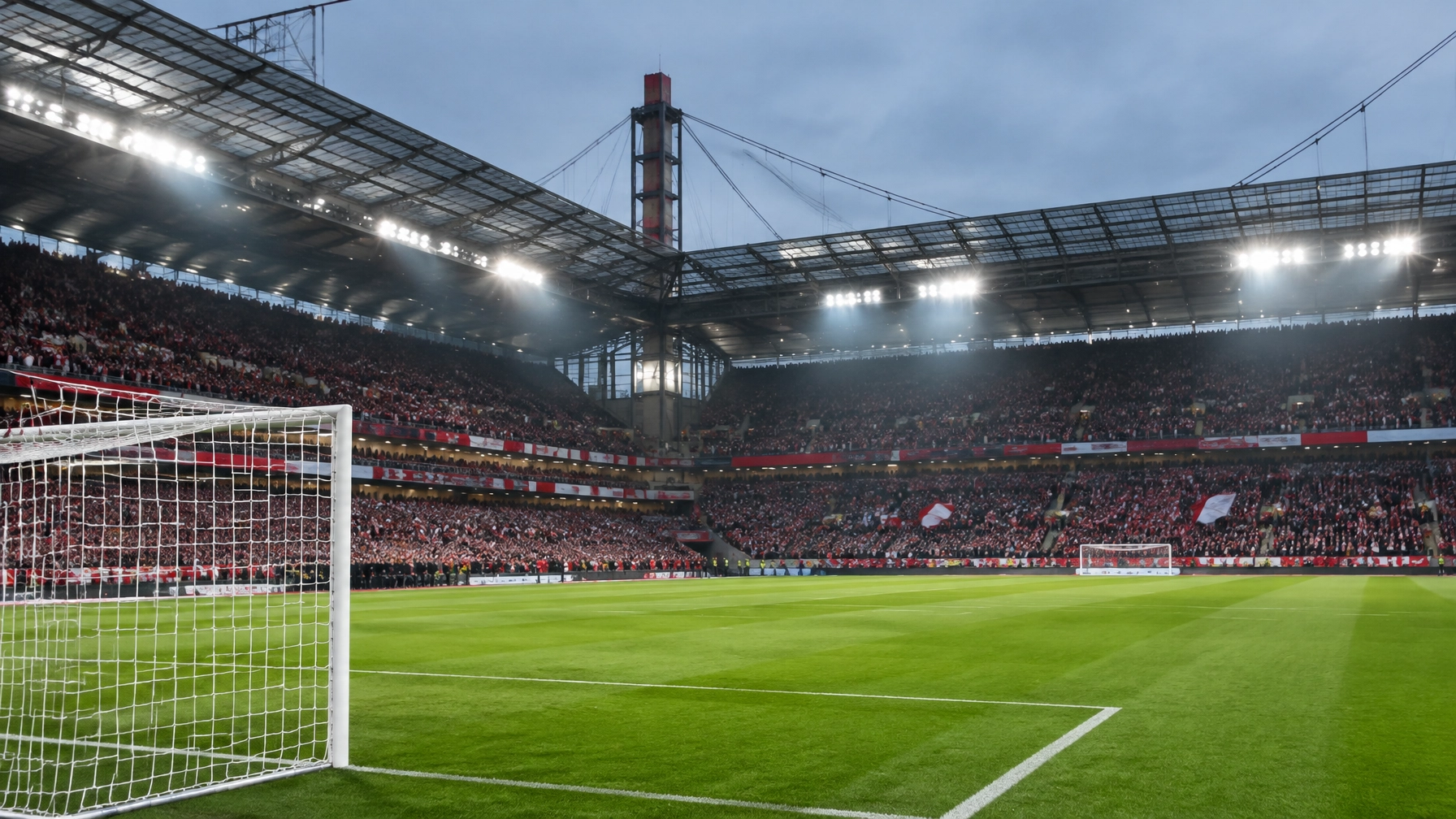 Realistische Stadionatmosphäre vor einer Bundesliga-Partie mit Flutlicht und Zuschauern