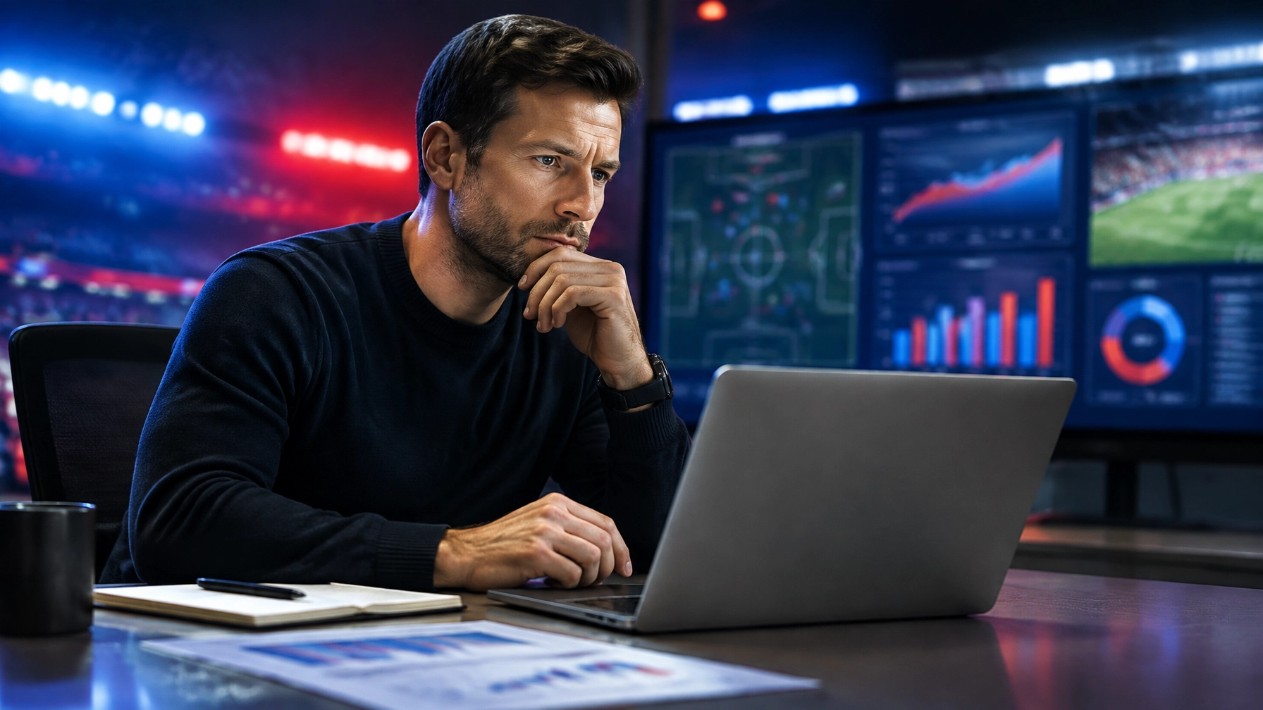 Fußballanalyst an einem Schreibtisch mit neutralen statistischen Auswertungen im Hintergrund
