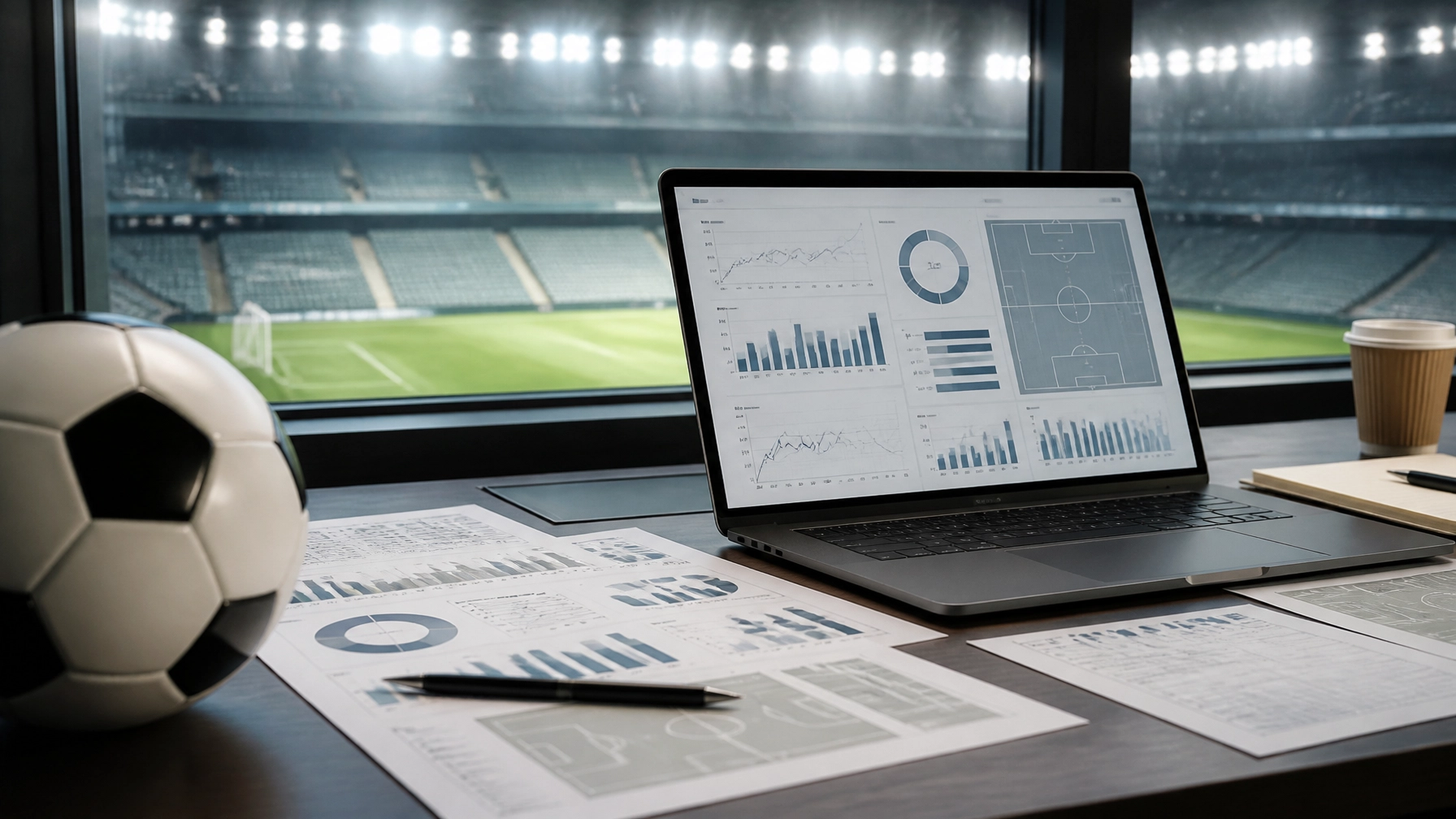Fußballstatistik und Ball im neutralen Analyse-Setting ohne lesbaren Text