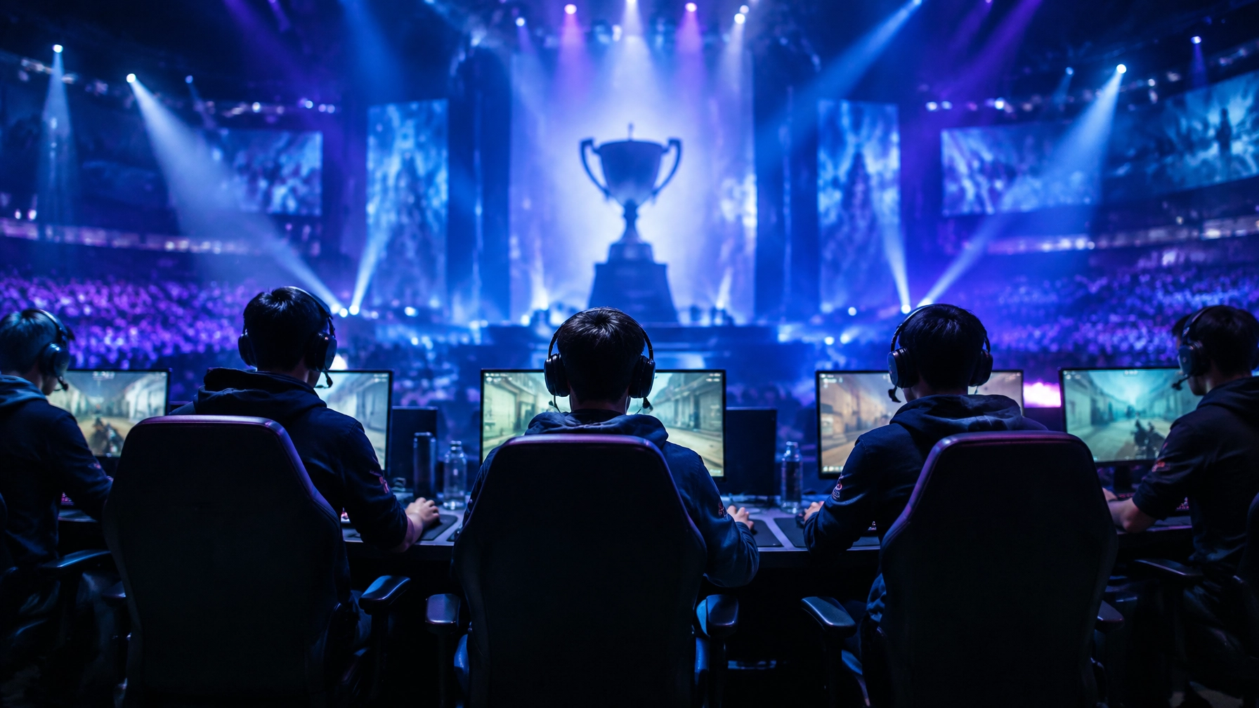 Fotorealistische E-Sports-Arena mit Spielern an Computern und dramatischer Turnierbeleuchtung