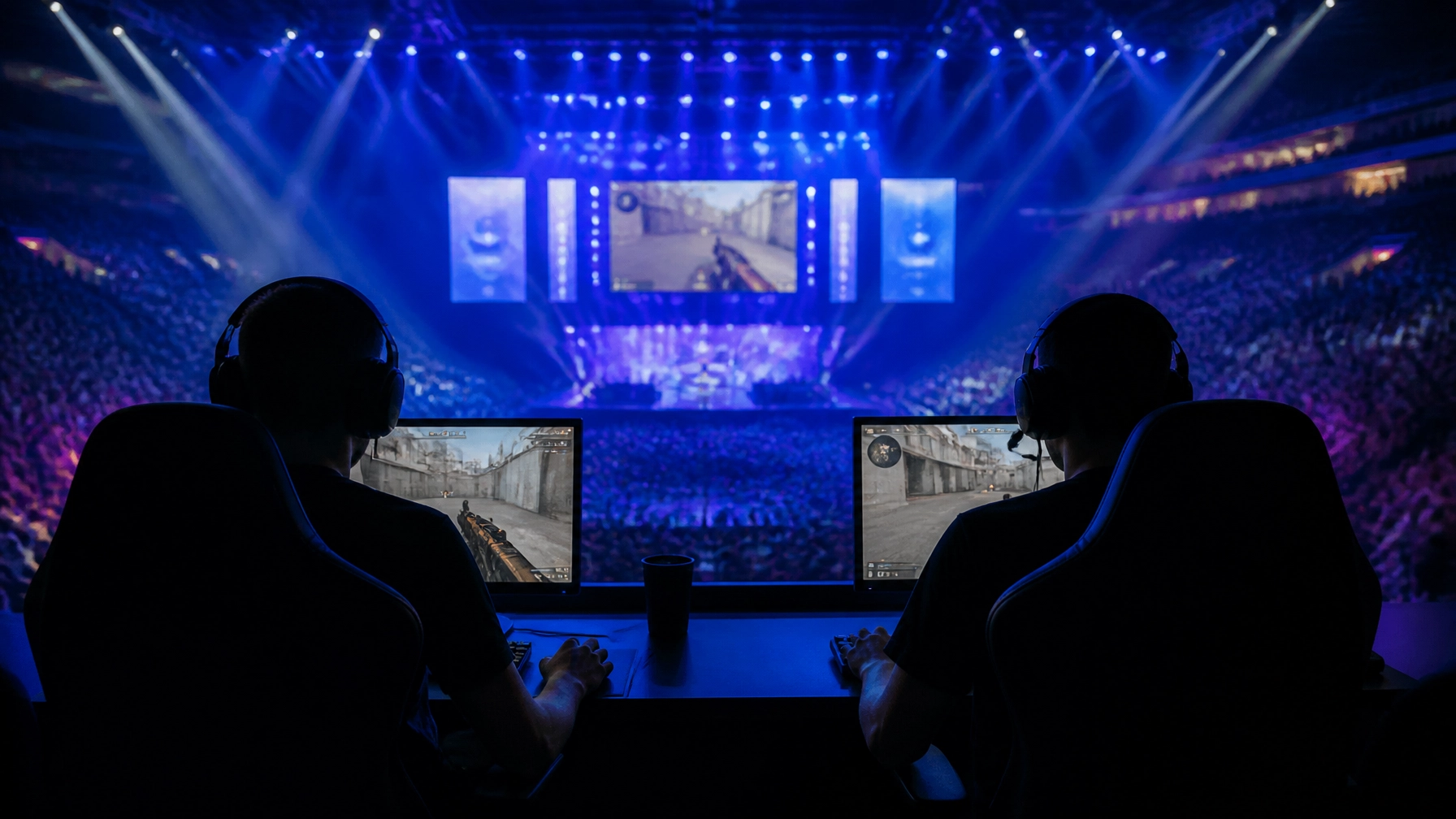 Moderne E-Sports-Playoff-Arena mit Spielern an Computertischen in Porto