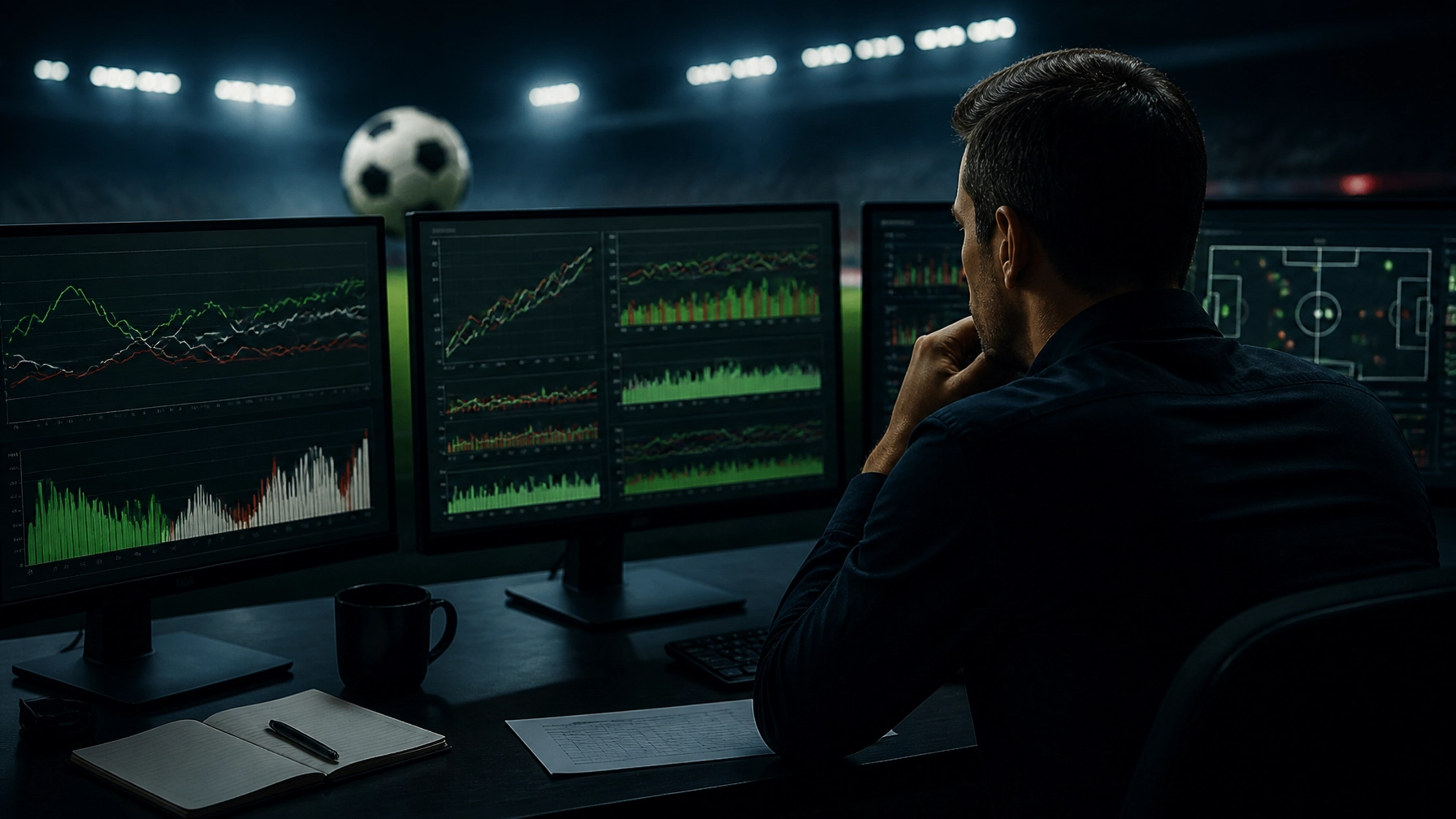 Redaktionelle Fußballanalyse mit neutralen statistischen Diagrammen und Stadionstimmung