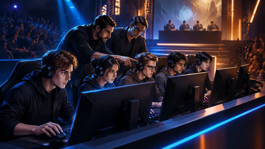 Fünf erwachsene E-Sport-Spieler an Monitoren, Coaches im Hintergrund und Zuschauerreihen im Halbdunkel