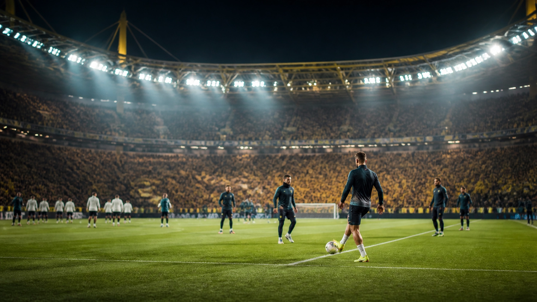 Neutraler Fußballspieler im Gespräch mit Verantwortlichen in einem nächtlichen Stadion, sachliche Transferstimmung