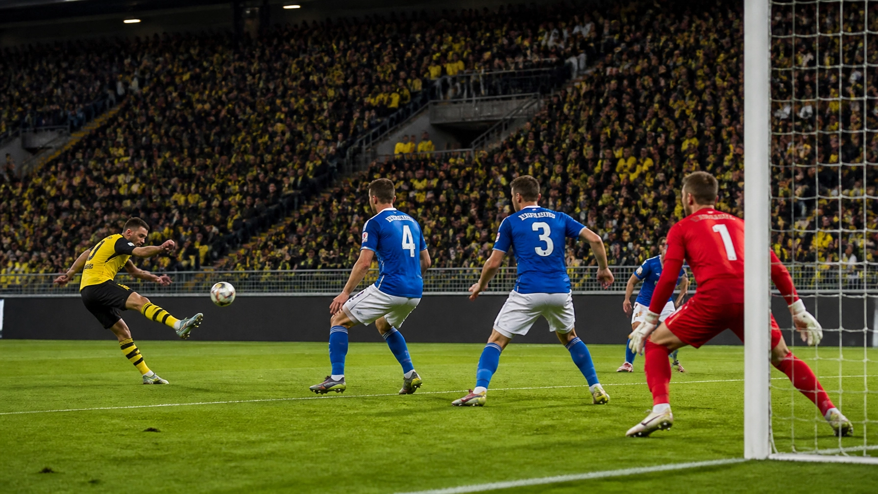Realistische Bundesliga-Szene mit Dortmunder Angriff und Hoffenheimer Defensive ohne Logos oder Text