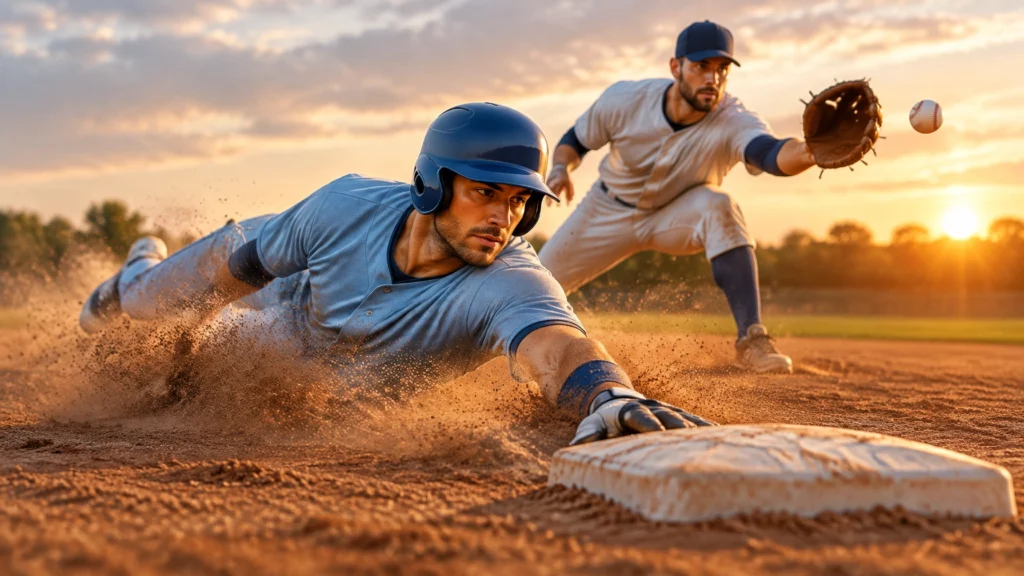 Baseballspieler rutscht in einer Staubwolke zur Base, während ein Feldspieler nach dem Ball greift.