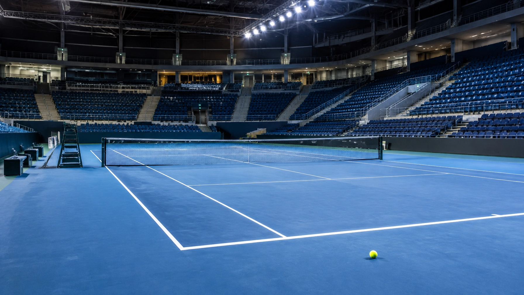 Vorbereitete Indoor-Tennisarena für das Davis-Cup-Wochenende