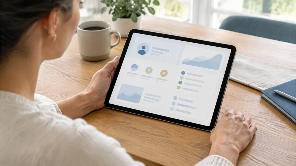 Eine erwachsene Person betrachtet an einem Tisch die Übersicht auf einem Tablet