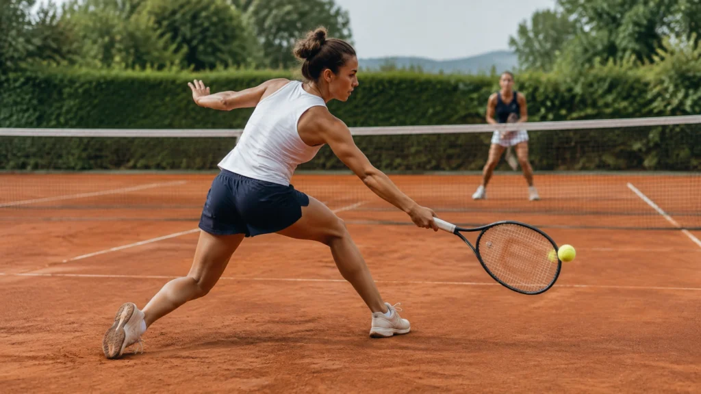 Tennisspielerin schlägt während eines Ballwechsels auf einem Sandplatz, eine zweite Spielerin steht am anderen Ende