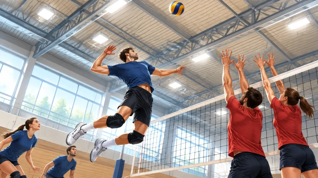 Volleyballspieler springt zum Angriff, während der Ball hoch in Richtung Hallendecke fliegt